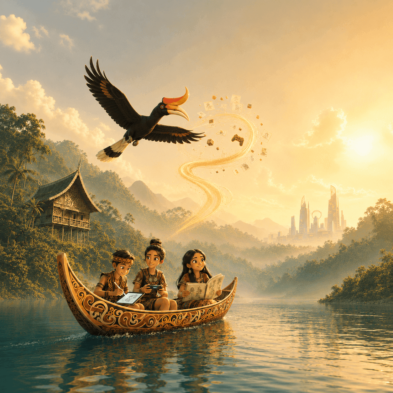 BAGF creators on a Borneo longboat carrying their craft toward the world